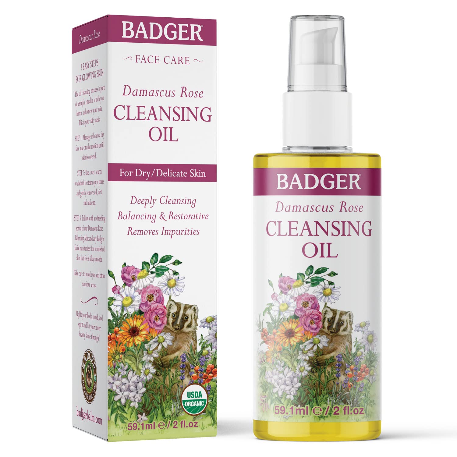 Badger Damascus Rose Cleansing Oil 2oz- Certified Organic